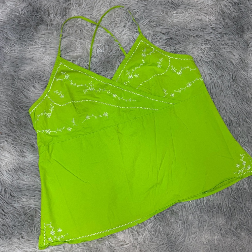 Vintage Y2K Lime Green Embroidered Halter Top Side Zip Cotton Stretch 16W